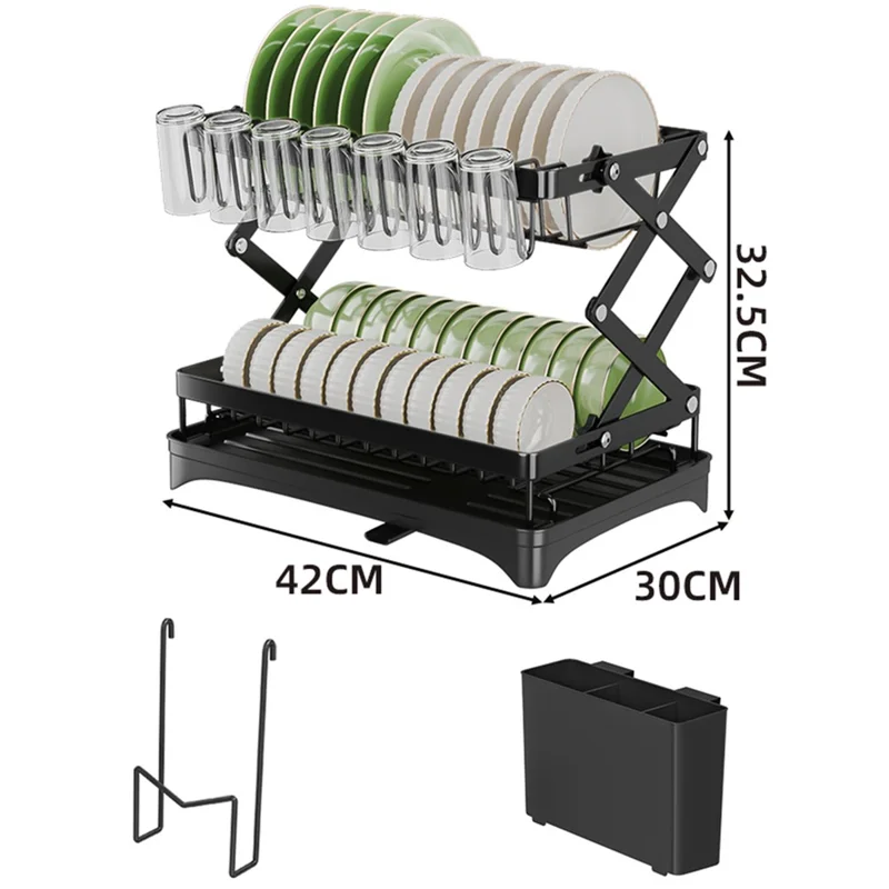 Carbon Steel Foldable Dish Rack Kitchen Countertop Organizer with Cutlery Holder Cutting Board Holder Drip Tray
