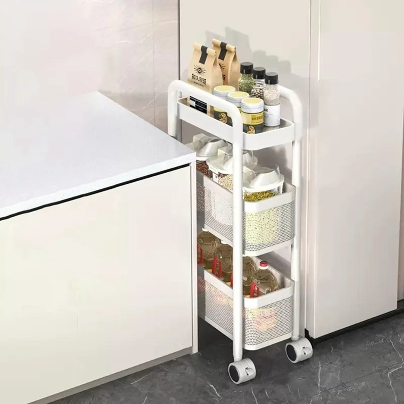 Round Tube 3 Tiers Slim Rolling Storage Cart for Kitchen Bathroom Movable Mesh Organizer with Wheels - White