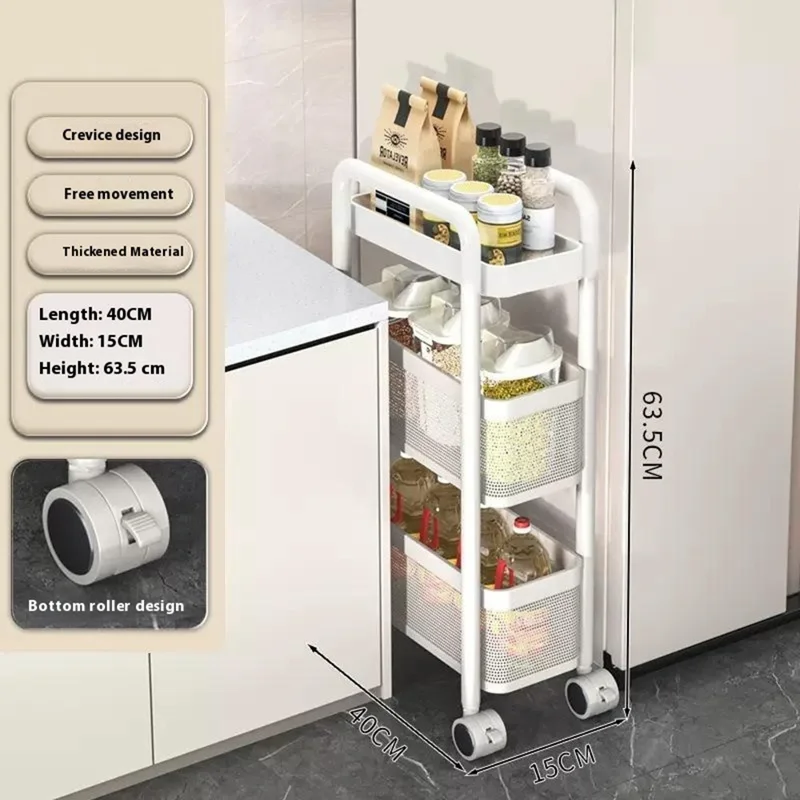 Round Tube 3 Tiers Slim Rolling Storage Cart for Kitchen Bathroom Movable Mesh Organizer with Wheels - White
