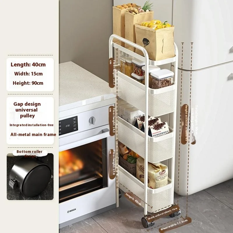 Round Tube 4 Tiers Slim Rolling Storage Cart for Kitchen Bathroom Movable Mesh Organizer with Wheels - White