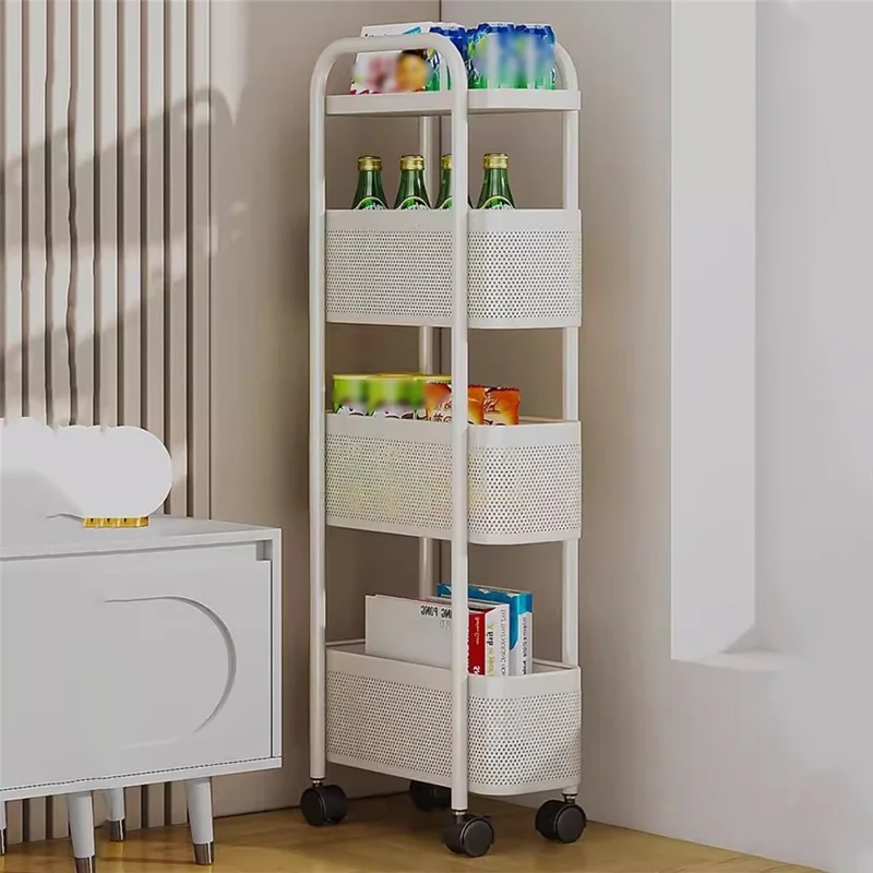 Round Tube 4 Tiers Slim Rolling Storage Cart for Kitchen Bathroom Movable Mesh Organizer with Wheels - White