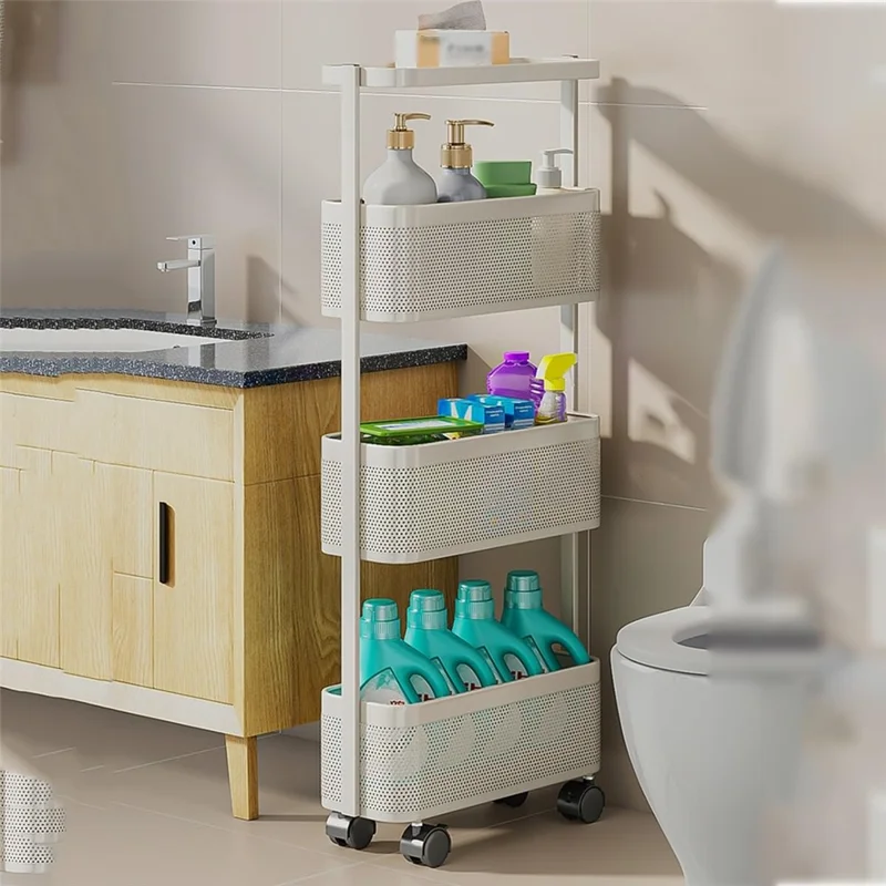 Round Tube 4 Tiers Slim Rolling Storage Cart for Kitchen Bathroom Movable Mesh Organizer with Wheels - White