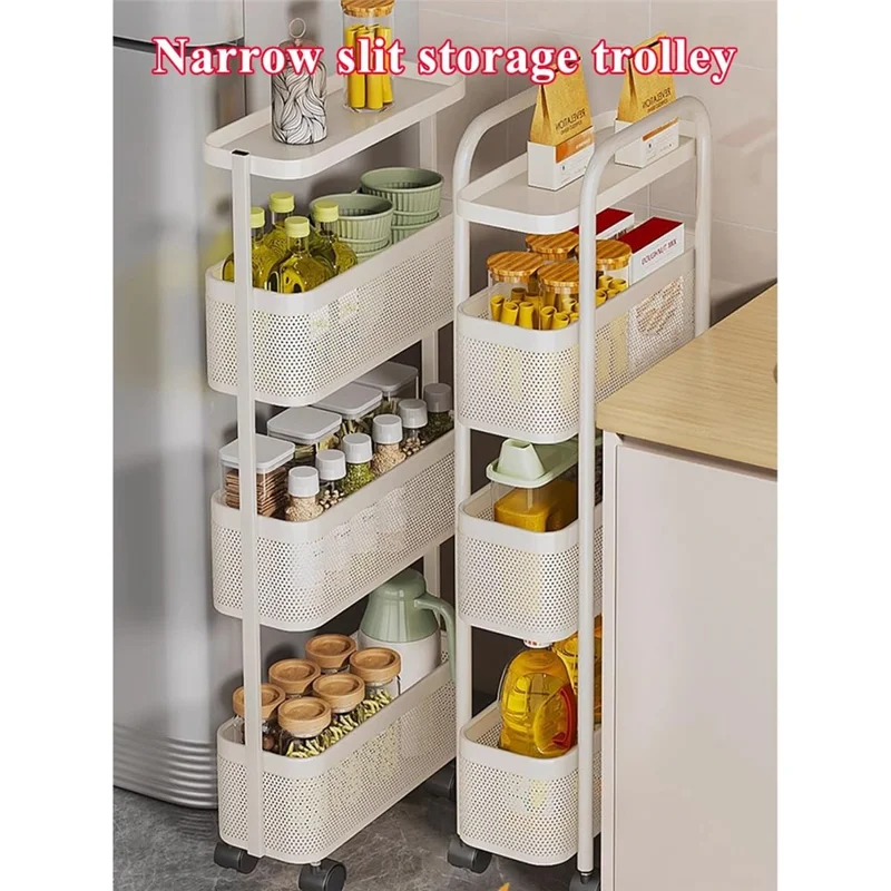 Round Tube 4 Tiers Slim Rolling Storage Cart for Kitchen Bathroom Movable Mesh Organizer with Wheels - White