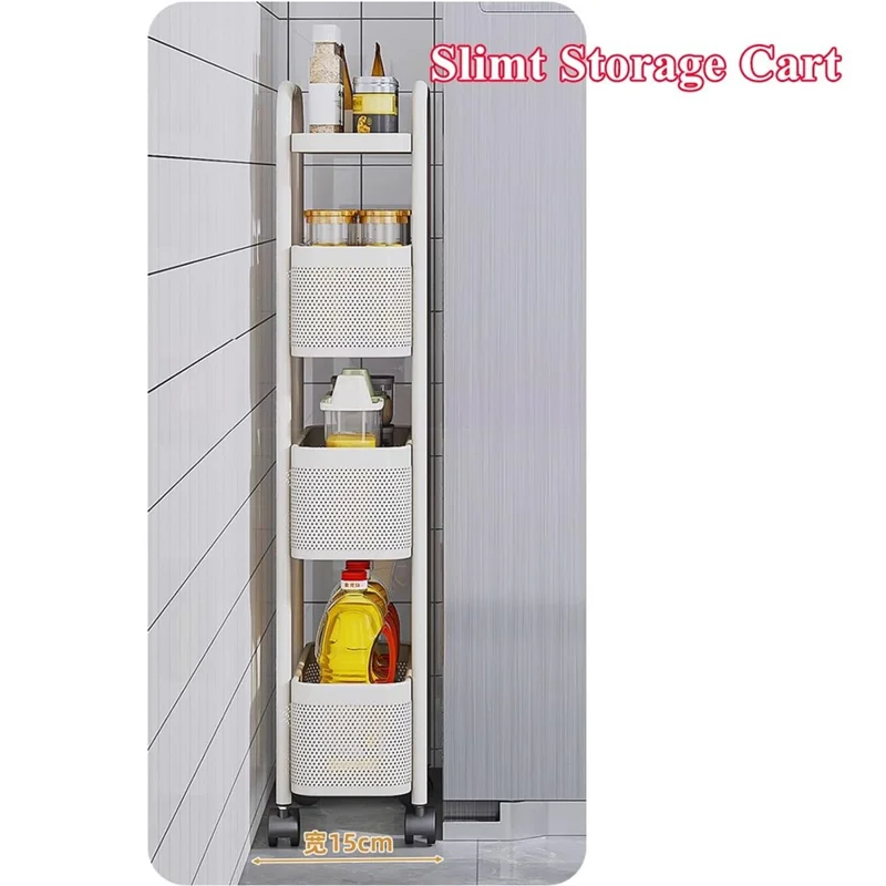 Round Tube 4 Tiers Slim Rolling Storage Cart for Kitchen Bathroom Movable Mesh Organizer with Wheels - White
