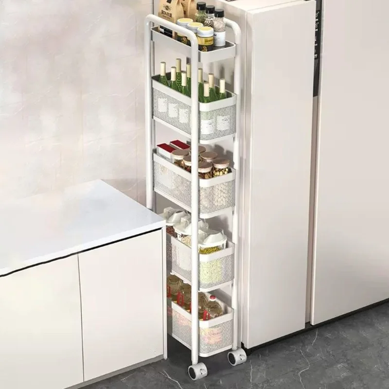Chariot de rangement mobile à 5 niveaux en tube rond, mince et à roulettes - Organisateur en maille pour cuisine et salle de bain - Blanc
