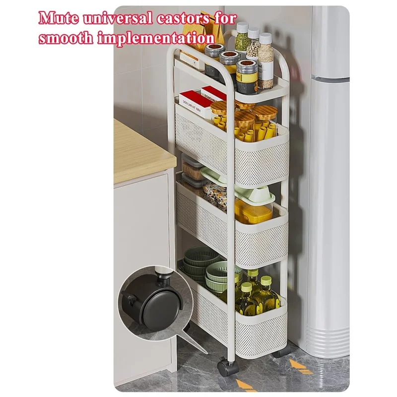 Chariot de rangement mobile à 5 niveaux en tube rond, mince et à roulettes - Organisateur en maille pour cuisine et salle de bain - Blanc