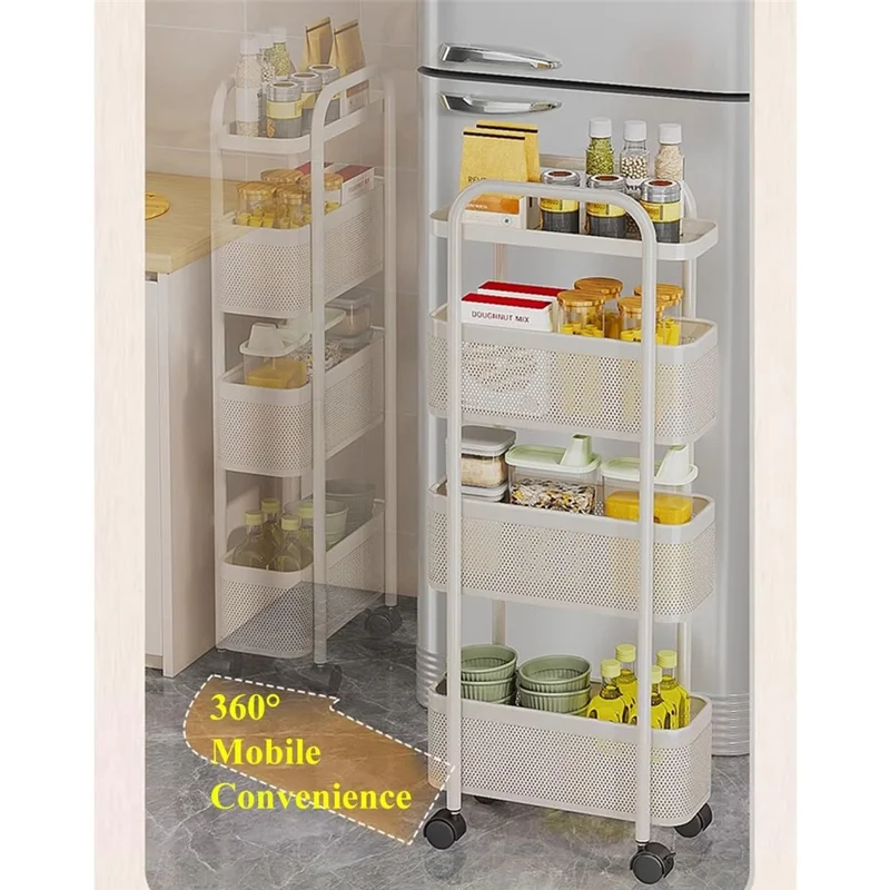 Chariot de rangement mobile à 5 niveaux en tube rond, mince et à roulettes - Organisateur en maille pour cuisine et salle de bain - Blanc
