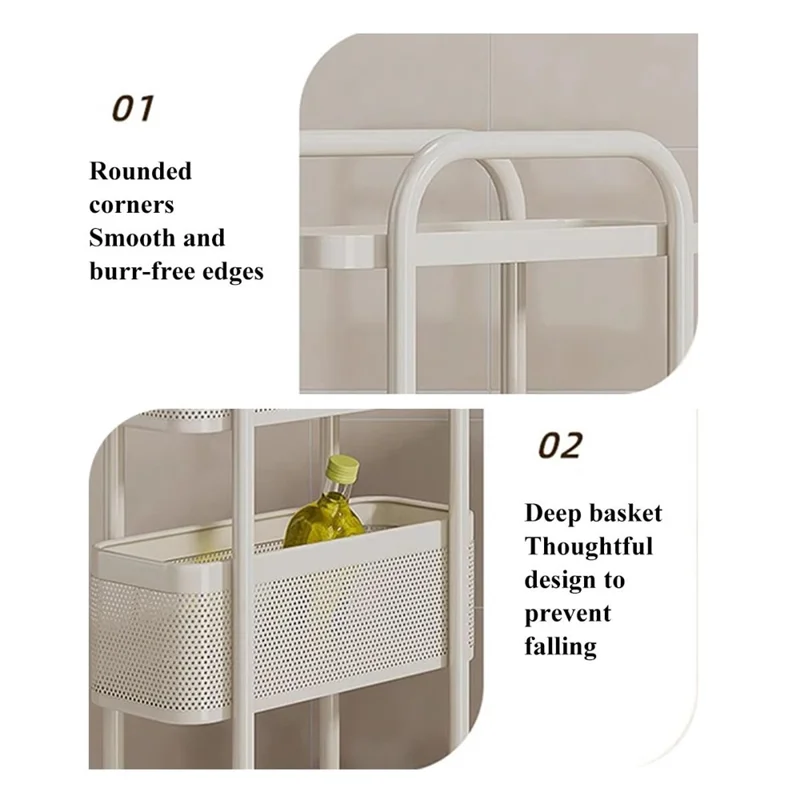 Chariot de rangement mobile à 5 niveaux en tube rond, mince et à roulettes - Organisateur en maille pour cuisine et salle de bain - Blanc