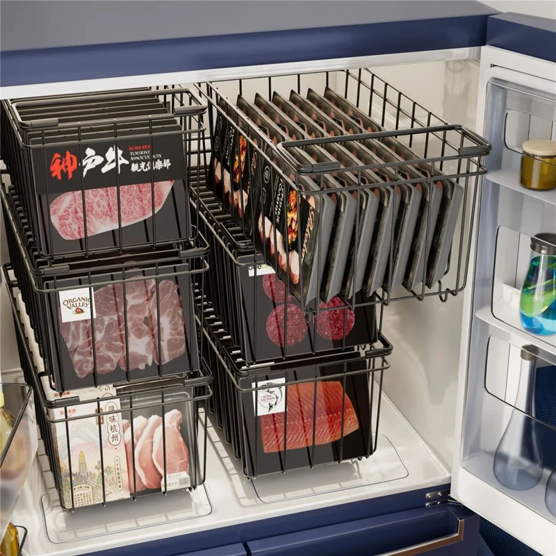 3 Pièces Panier de Rangement en Acier au Carbone pour Organisateur de Tiroir de Réfrigérateur de Cuisine avec Poignée