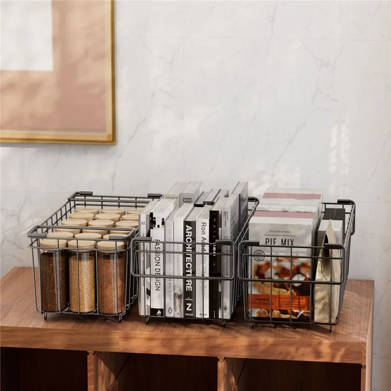3 Pièces Panier de Rangement en Acier au Carbone pour Organisateur de Tiroir de Réfrigérateur de Cuisine avec Poignée