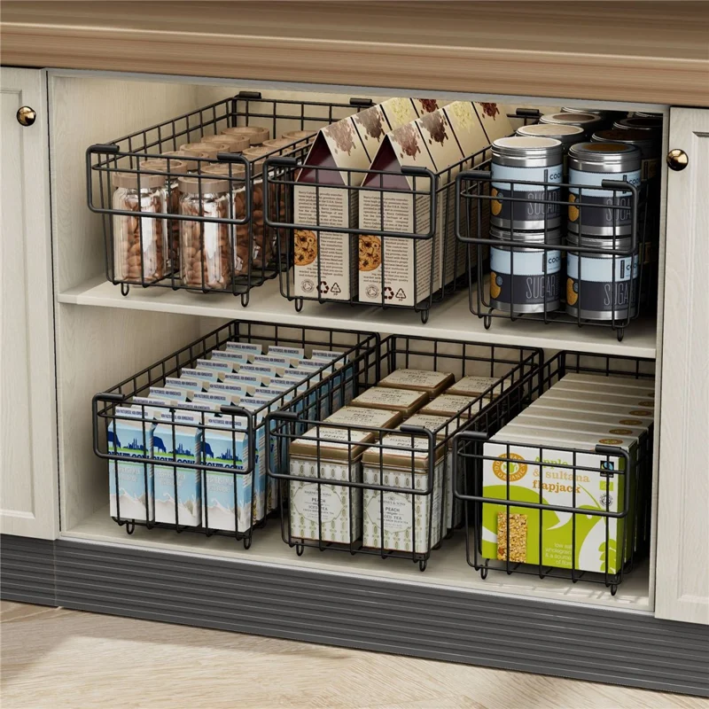 6Pcs Carbon Steel Storage Basket for Kitchen Cabinet Fridge Organizer Drawer with Handle