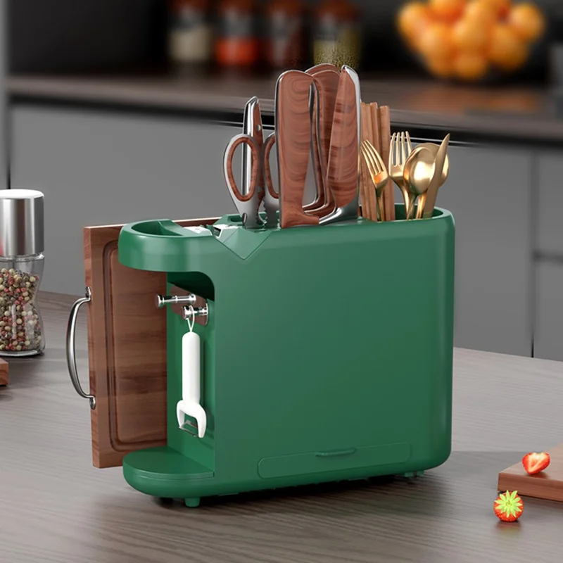 Organisateur de cuisine multifonctionnel pour rangement des couteaux, baguettes, planches à découper avec affûteur - Vert noirâtre