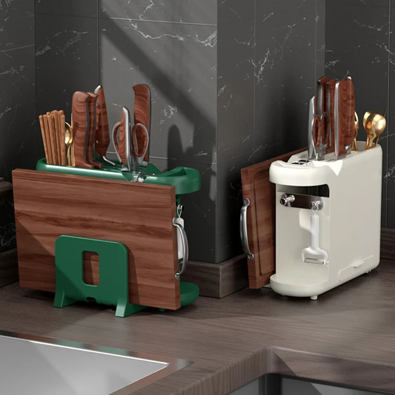 Organisateur de cuisine multifonctionnel pour rangement des couteaux, baguettes, planches à découper avec affûteur - Vert noirâtre