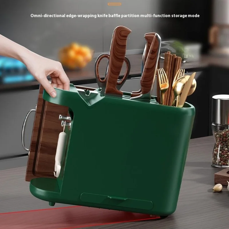 Organisateur de cuisine multifonctionnel pour rangement des couteaux, baguettes, planches à découper avec affûteur - Vert noirâtre