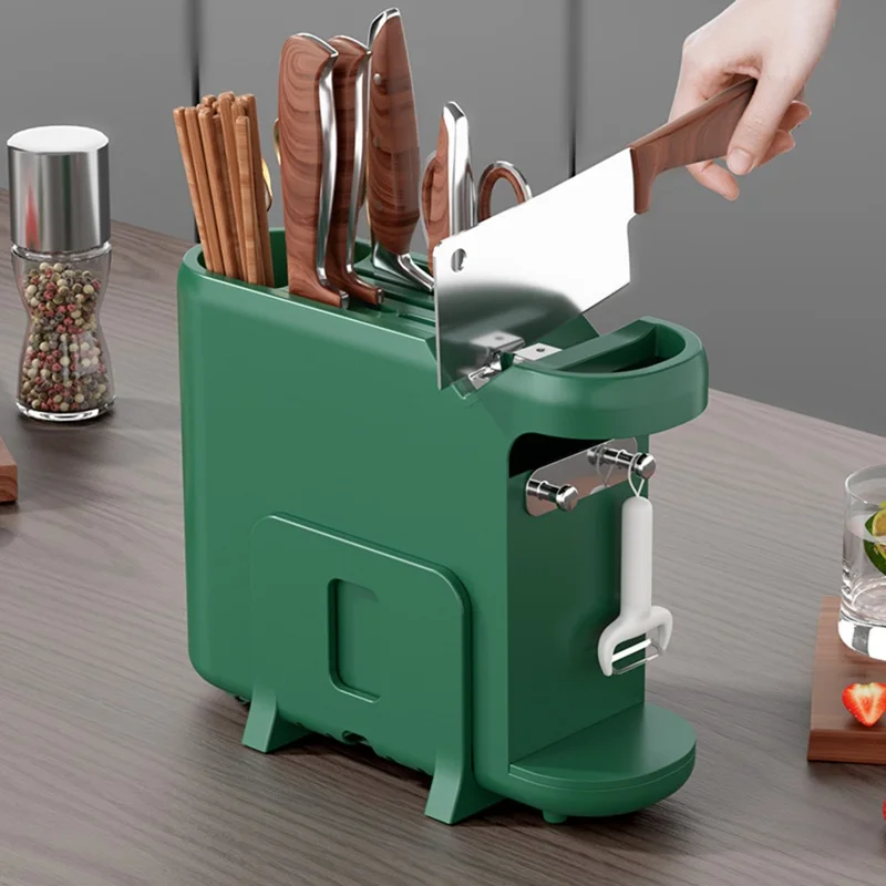 Organisateur de cuisine multifonctionnel pour rangement des couteaux, baguettes, planches à découper avec affûteur - Vert noirâtre