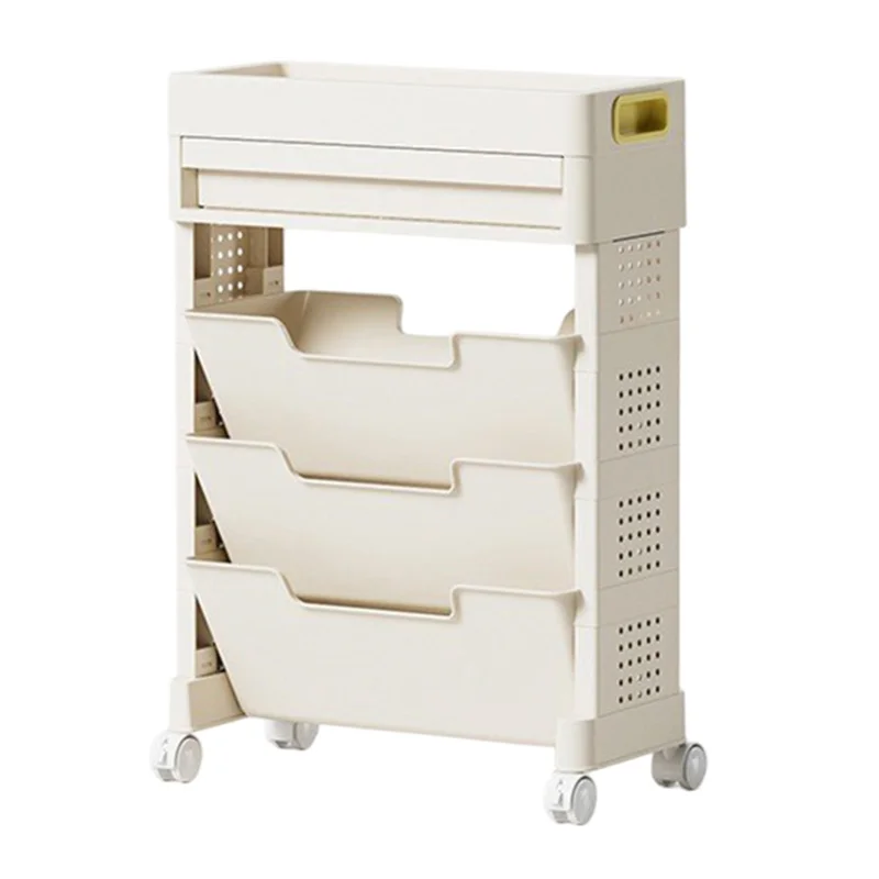 Estante de armazenamento de livros lateral de mesa de sala de aula móvel Organizador de papelaria de 3 níveis com gaveta e rodas
