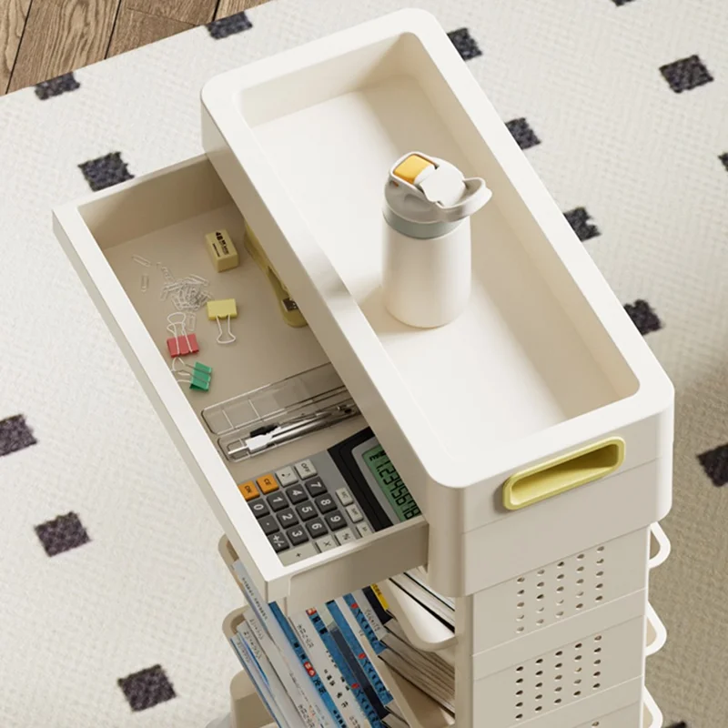 Estante de armazenamento de livros lateral de mesa de sala de aula móvel Organizador de papelaria de 3 níveis com gaveta e rodas