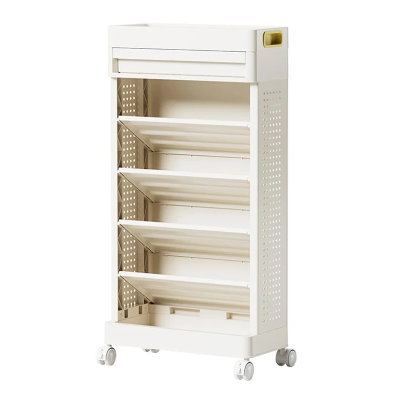 Étagère de rangement pour livres à 5 niveaux - Organisateur multifonction avec tiroir et roulettes en PP, adaptable à côté d'un bureau