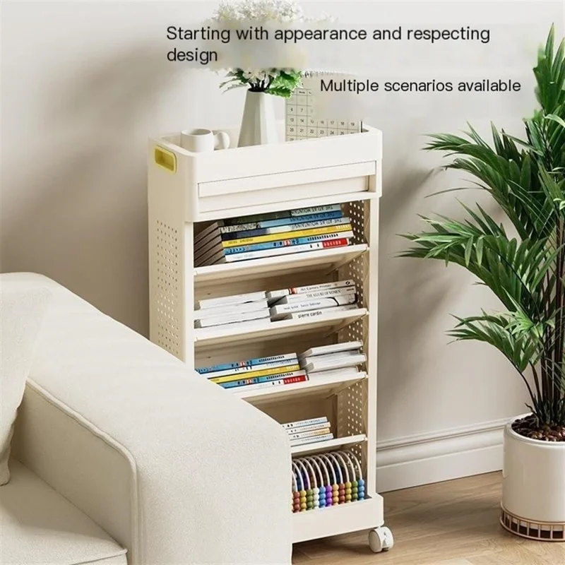 Étagère de rangement pour livres à 5 niveaux - Organisateur multifonction avec tiroir et roulettes en PP, adaptable à côté d'un bureau