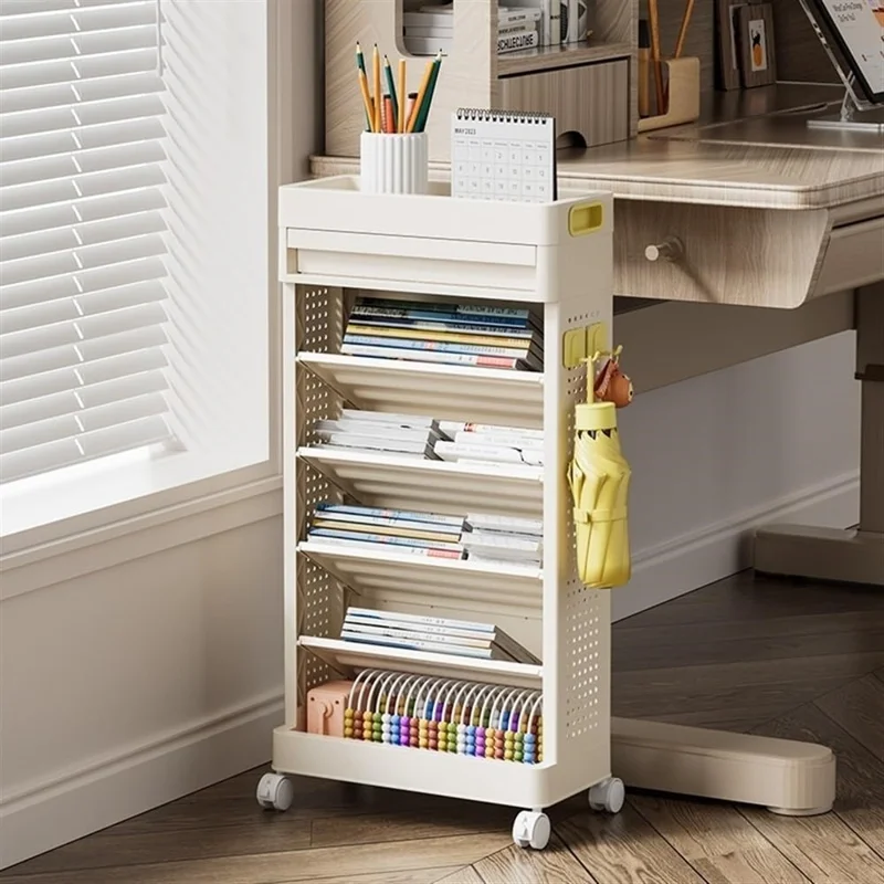 Étagère de rangement pour livres à 5 niveaux - Organisateur multifonction avec tiroir et roulettes en PP, adaptable à côté d'un bureau