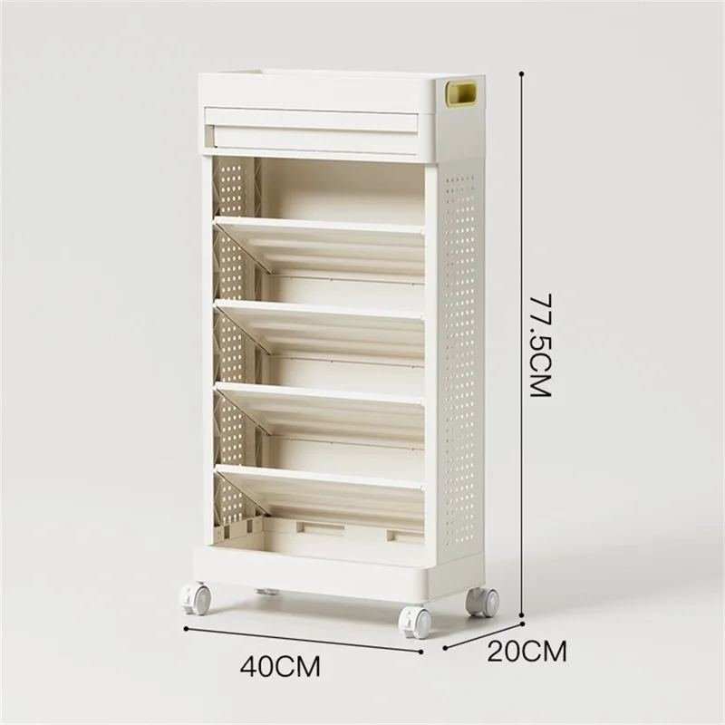 Étagère de rangement pour livres à 5 niveaux - Organisateur multifonction avec tiroir et roulettes en PP, adaptable à côté d'un bureau