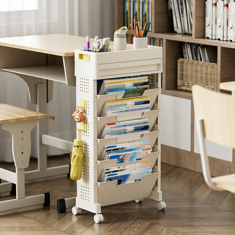 Étagère mobile de rangement pour livres de classe à 5 niveaux, organisateur de papeterie en PP avec tiroir et roulettes