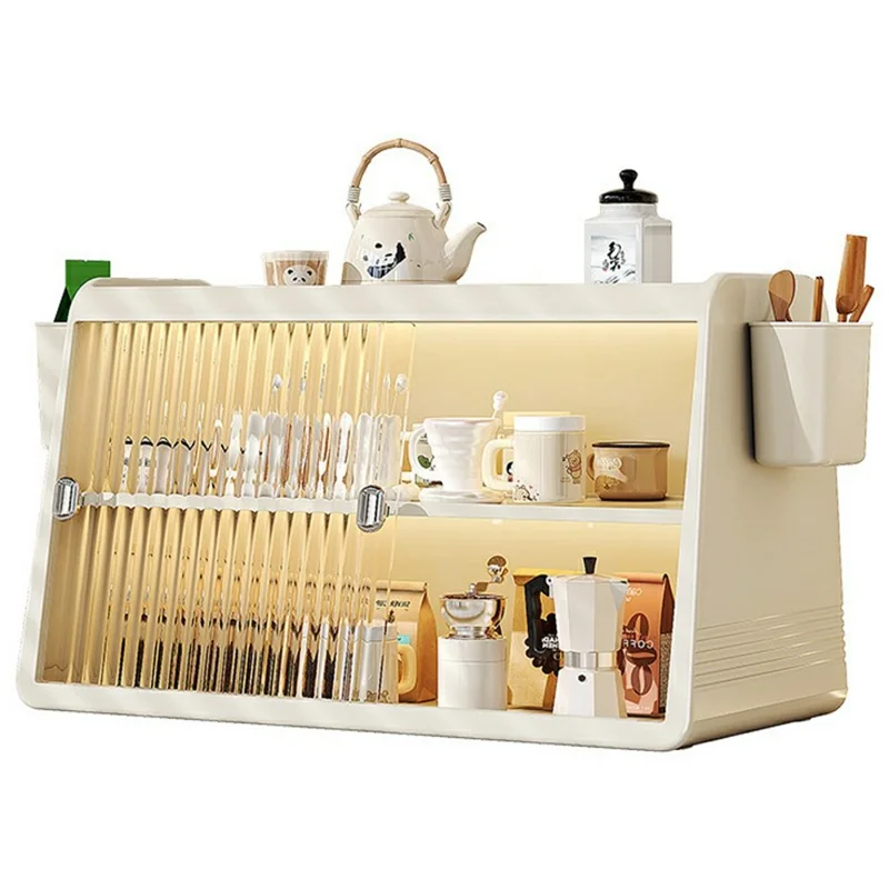 3 Tiers Sliding Door Cup Holder Kitchen Countertop Coffee Mugs Tea Cups Storage Rack, with 2 Side Storage Box