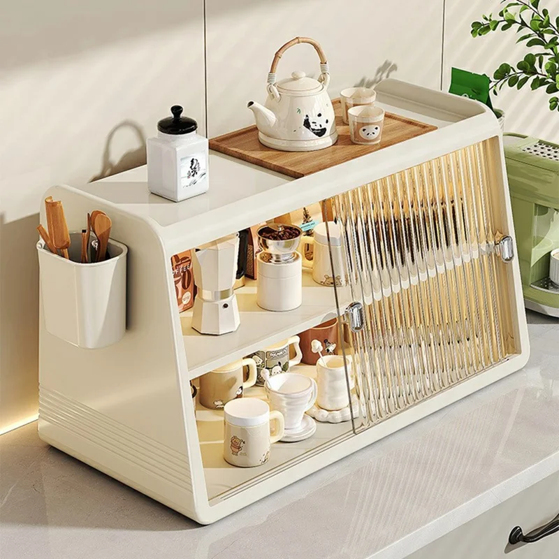 3 Tiers Sliding Door Cup Holder Kitchen Countertop Coffee Mugs Tea Cups Storage Rack, with 2 Side Storage Box