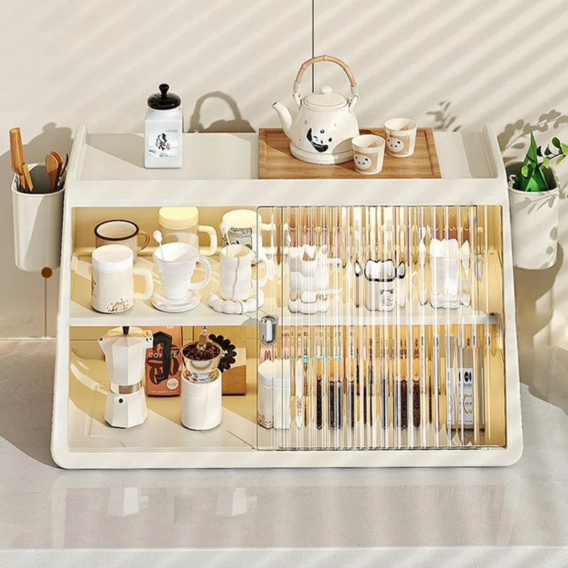 3 Tiers Sliding Door Cup Holder Kitchen Countertop Coffee Mugs Tea Cups Storage Rack, with 2 Side Storage Box