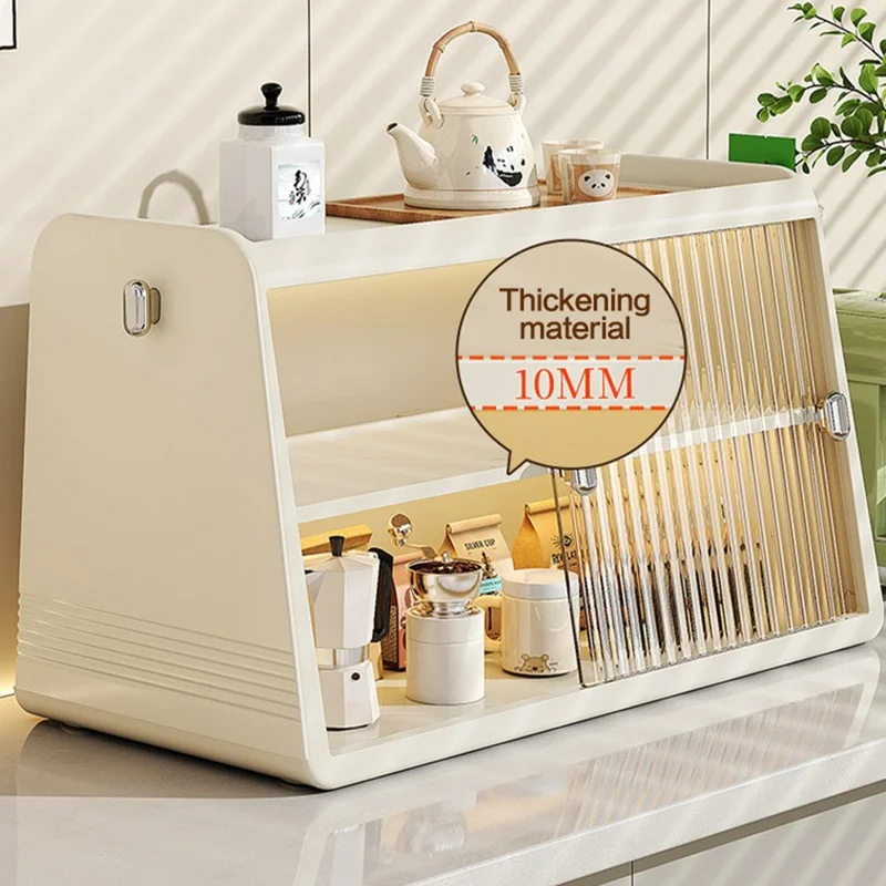 3 Tiers Sliding Door Cup Holder Kitchen Countertop Coffee Mugs Tea Cups Storage Rack, with 2 Side Storage Box