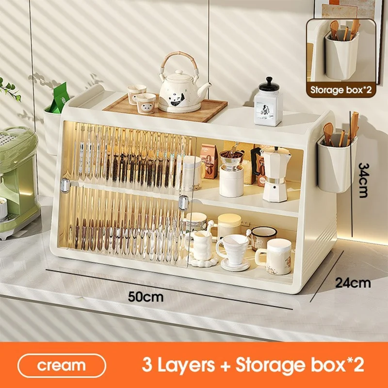 3 Tiers Sliding Door Cup Holder Kitchen Countertop Coffee Mugs Tea Cups Storage Rack, with 2 Side Storage Box