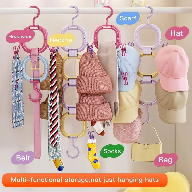 4 Rings Multipurpose Plastic Hanger Rack for Clothes Hats Space Saving Closet Organization - Light Purple+Yellow