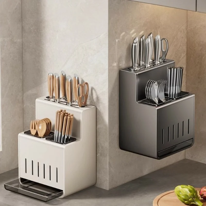 Organizador de utensilios de cocina Espacio Aluminio + ABS Montaje en pared sin taladrar Soporte para cuchillos Tenedor Cuchara Estante de almacenamiento - Gris
