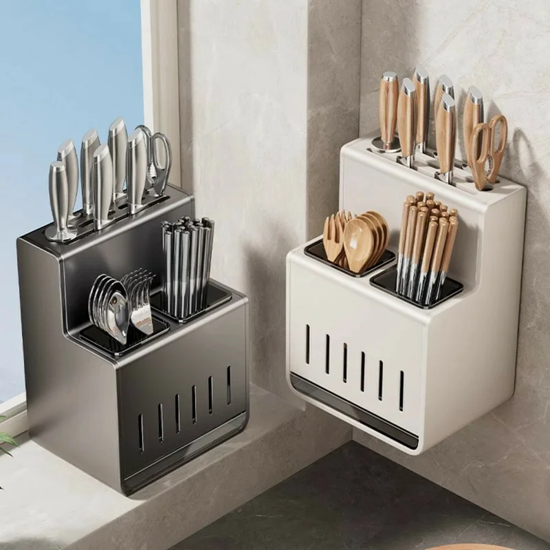 Organizador de utensilios de cocina Espacio Aluminio + ABS Montaje en pared sin taladrar Soporte para cuchillos Tenedor Cuchara Estante de almacenamiento - Gris