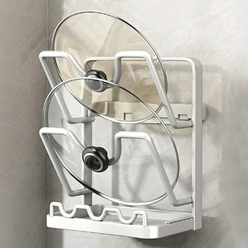 2 Tier No Drilling Wall Mounted Pot Lid Organizer Carbon Steel Cutting Board Holder Kitchen Storage Rack - White