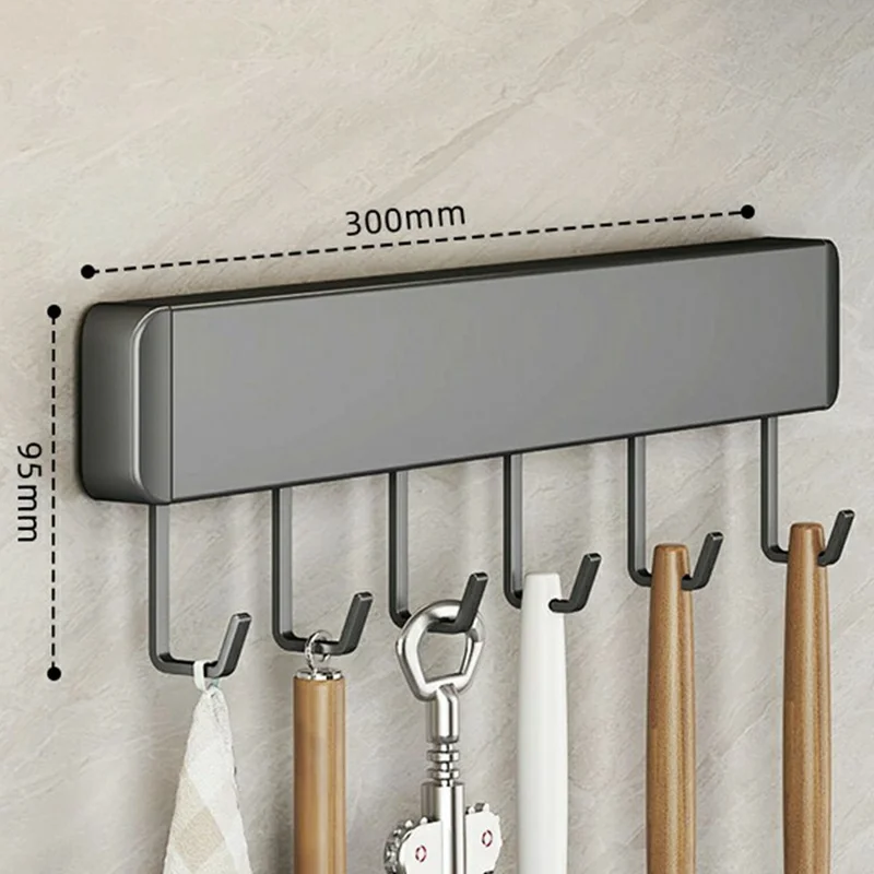 Colgador de cocina de aluminio de 30 cm con 6 ganchos, montado en pared, adhesivo, para espátulas, cucharas y toallas
