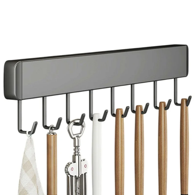 40cm 8-Hook Adhesive Kitchen Hanging Rack Wall Mounted Aluminum Spatula Spoon Towel Hanger