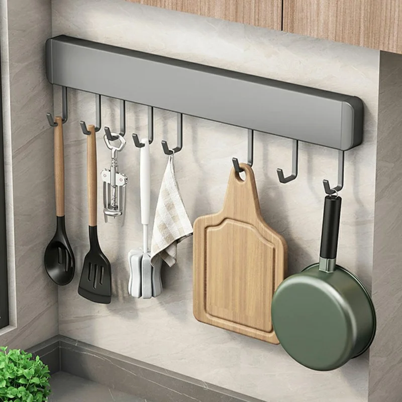 40cm 8-Hook Adhesive Kitchen Hanging Rack Wall Mounted Aluminum Spatula Spoon Towel Hanger