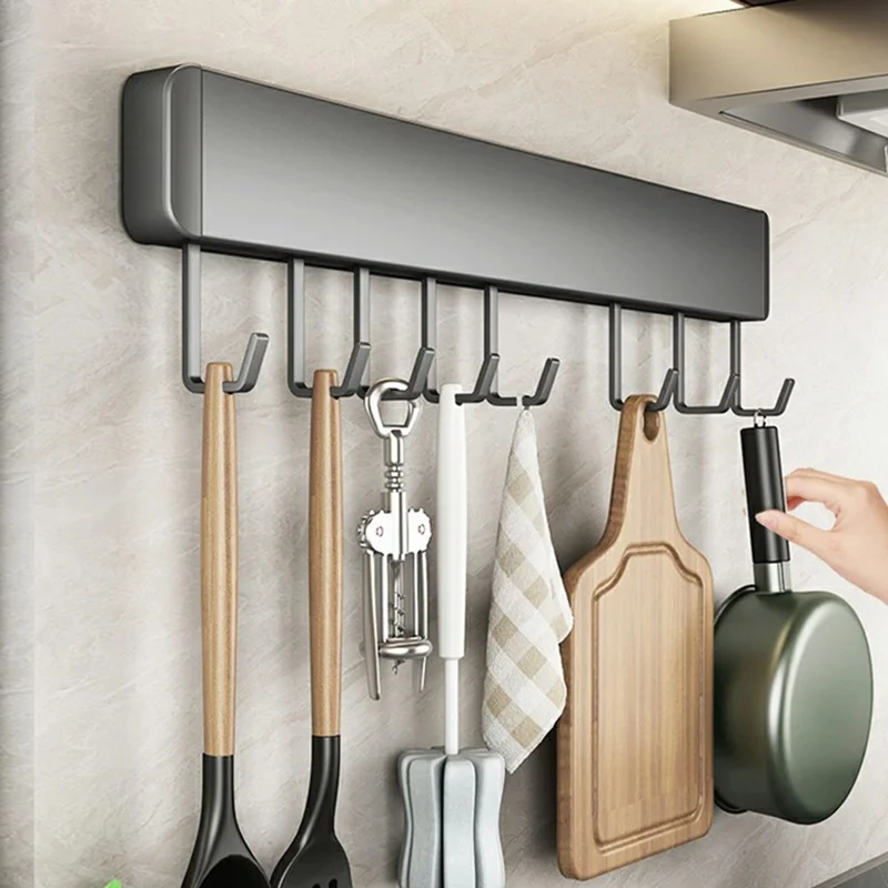 40cm 8-Hook Adhesive Kitchen Hanging Rack Wall Mounted Aluminum Spatula Spoon Towel Hanger