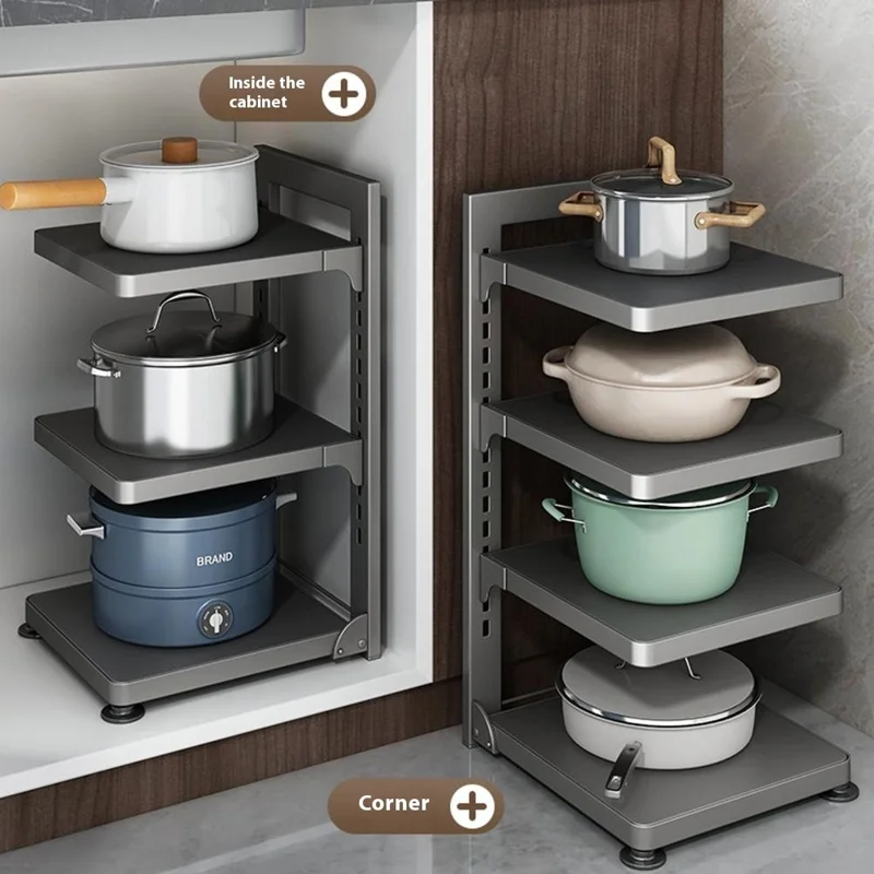 Scaffale Portapentole a 4 Ripiani in Acciaio al Carbonio Organizer Regolabile per Sotto il Lavello o Top Cucina - Grigio