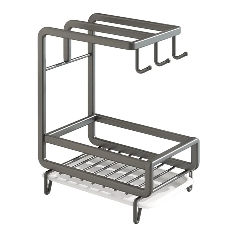 Kitchen Sink Organizer Sponge Holder Dish Cloth Hanger Carbon Steel Draining Rack with 3 Hooks - Grey / Countertop