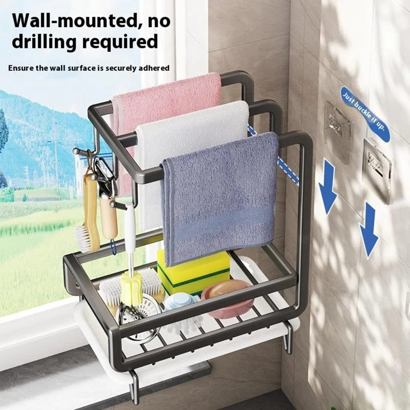 Kitchen Sink Organizer Sponge Holder Dish Cloth Hanger Carbon Steel Draining Rack with 3 Hooks - Grey / Countertop