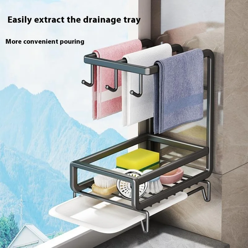 Kitchen Sink Organizer Sponge Holder Dish Cloth Hanger Carbon Steel Draining Rack with 3 Hooks - Grey / Countertop