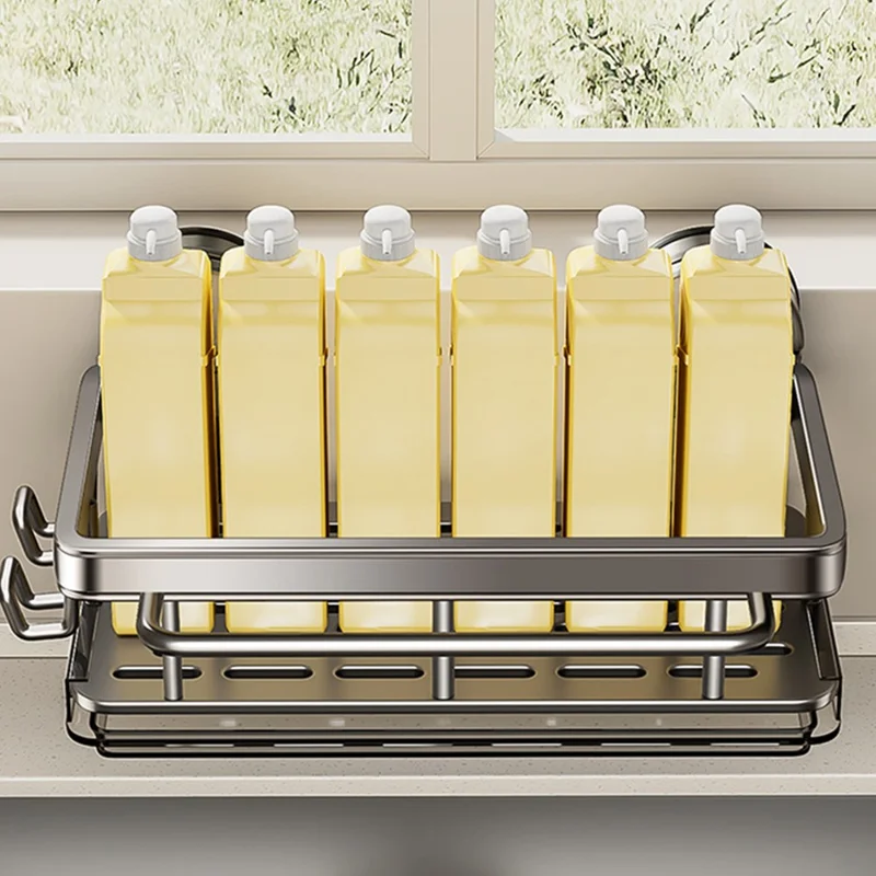 Kitchen Sink Organizer Suction Cup Space Aluminum Dish Sponge Holder Draining Rack with Hanging Rod + 2 Hooks