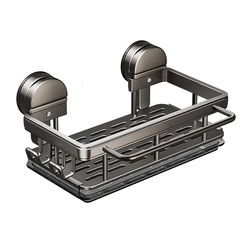 Kitchen Sink Organizer Suction Cup Space Aluminum Dish Sponge Holder Draining Rack with Hanging Rod + 2 Hooks + Drip Tray
