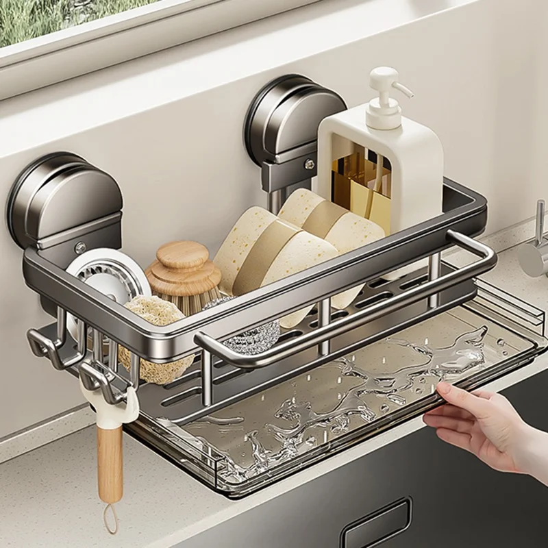 Kitchen Sink Organizer Suction Cup Space Aluminum Dish Sponge Holder Draining Rack with Hanging Rod + 2 Hooks + Drip Tray