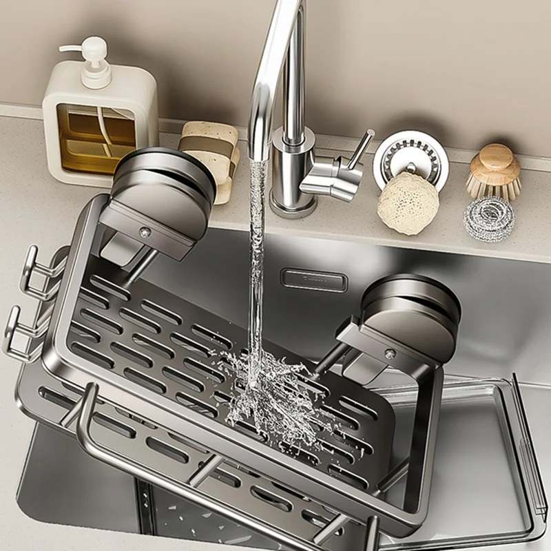 Kitchen Sink Organizer Suction Cup Space Aluminum Dish Sponge Holder Draining Rack with Hanging Rod + 2 Hooks + Drip Tray