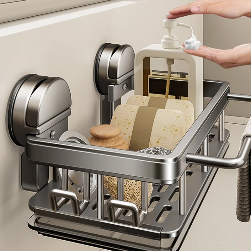 Kitchen Sink Organizer Suction Cup Space Aluminum Dish Sponge Holder Draining Rack with Hanging Rod + 2 Hooks + Drip Tray