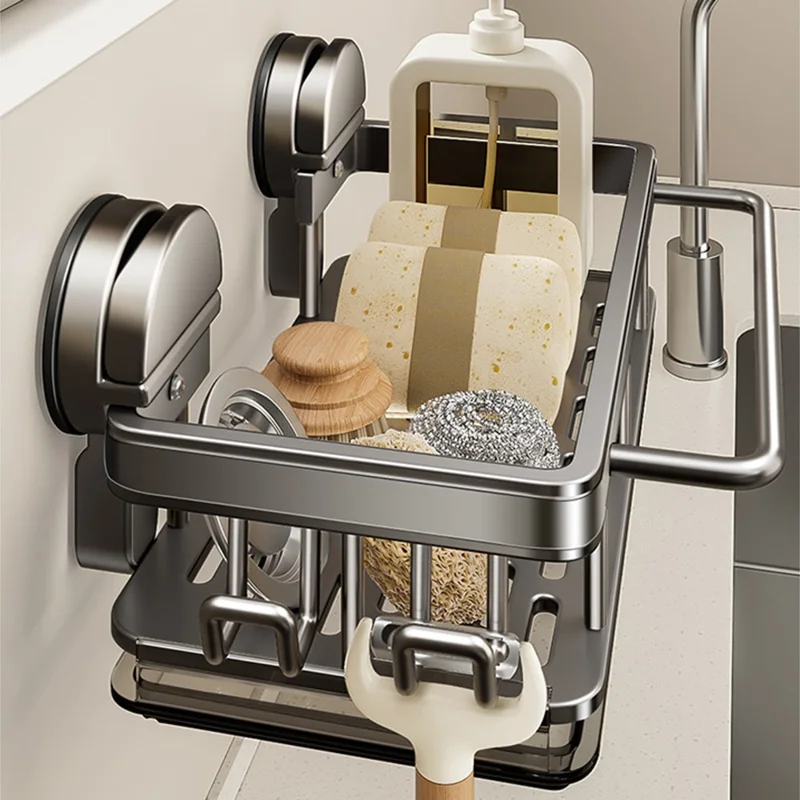 Kitchen Sink Organizer Suction Cup Space Aluminum Dish Sponge Holder Draining Rack with Hanging Rod + 2 Hooks + Drip Tray