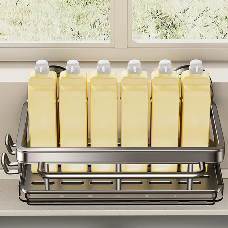 Kitchen Sink Organizer Suction Cup Space Aluminum Dish Sponge Holder Draining Rack with Hanging Rod + 2 Hooks + Drip Tray